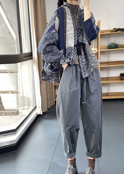 Navy Oversized Print Fine Cotton Filled Jackets Spring