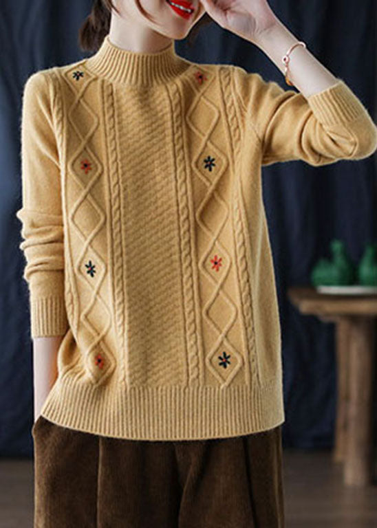 Loose Yellow Embroidered Knit Sweaters Winter