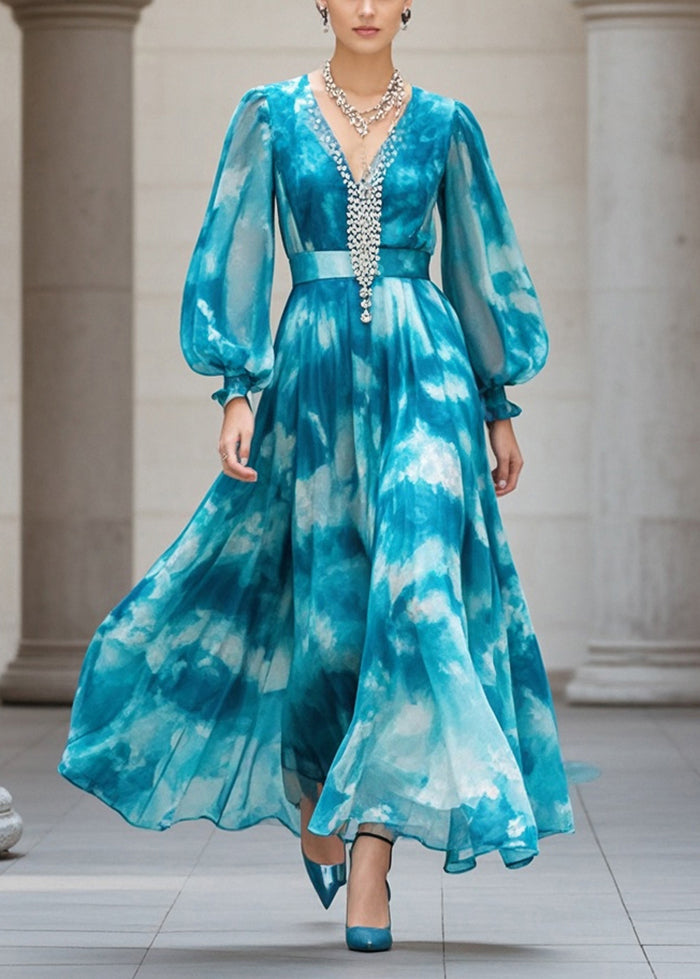 Peacock Blue Cinched Tie Dye Chiffon Ankle Dress Fall