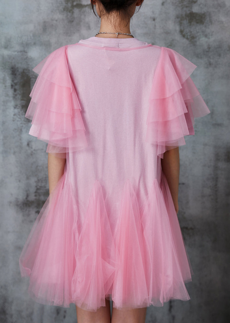 Italian Pink Cat Print Tulle Minin Dress Summer