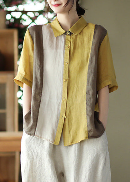 Yellow Peter Pan Collar Ramie Shirts Summer