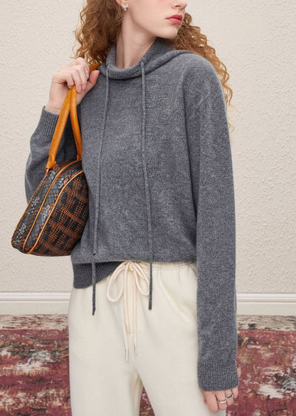 Stylish Grey Hooded Drawstring Knit Pullover Spring