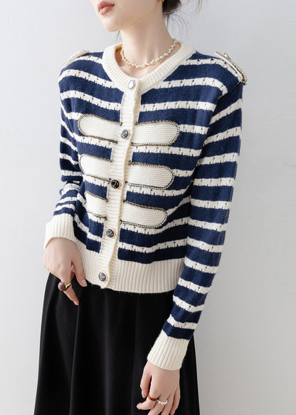 Navy O-neck Striped Knit Cardigan Spring