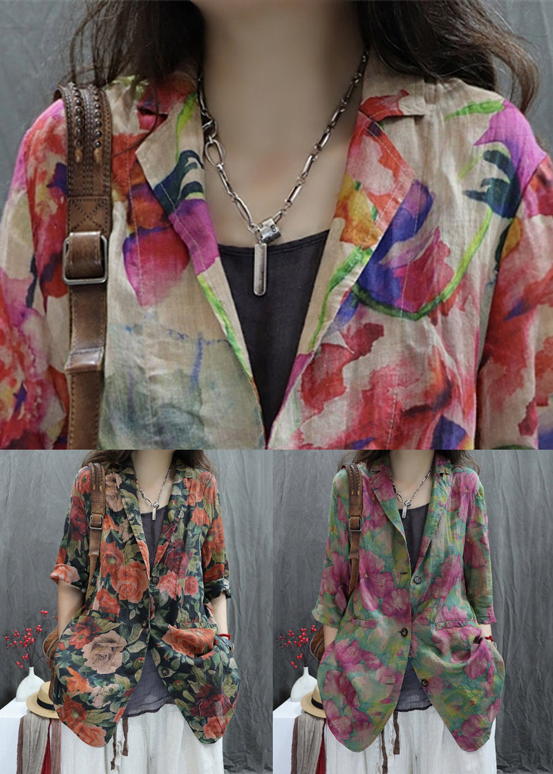 New Apricot Print Back Open Pockets Cotton Coats Bracelet Sleeve