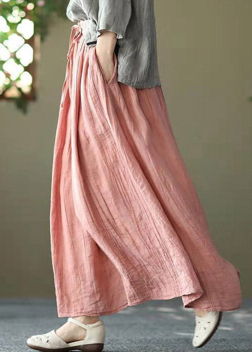 Pink Pockets Wrinkled Tie Waist Linen Skirt Summer