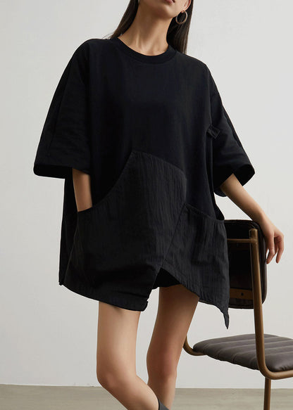 Black O Neck Pockets Patchwork Cotton T Shirt Summer