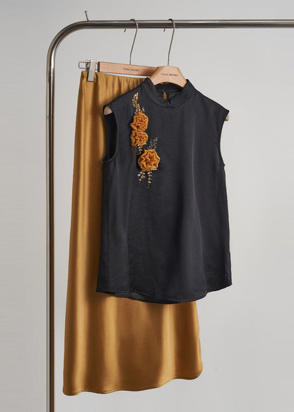 Black Embroidered Decorated Silk Vest Sleeveless