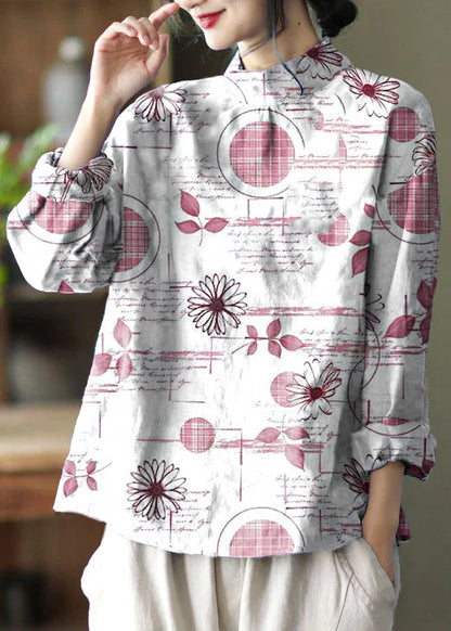 Stylish Gray Flower Embroidered Retro Linen Blouse Tops Spring