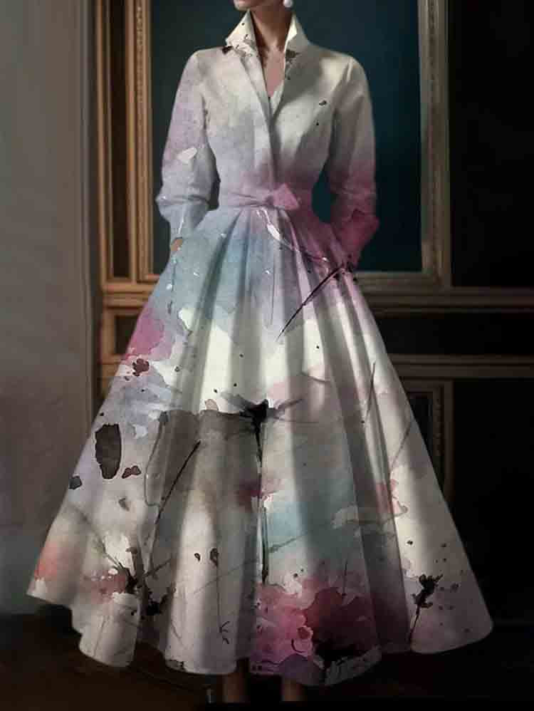 Simple Color Stand Collar Midi Shirt Dress