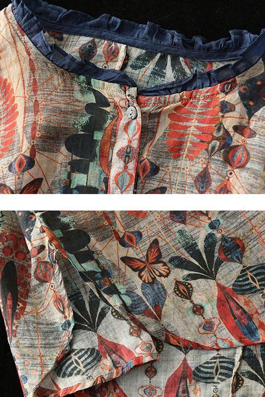 Ramie Print O-neck Loose Shirt