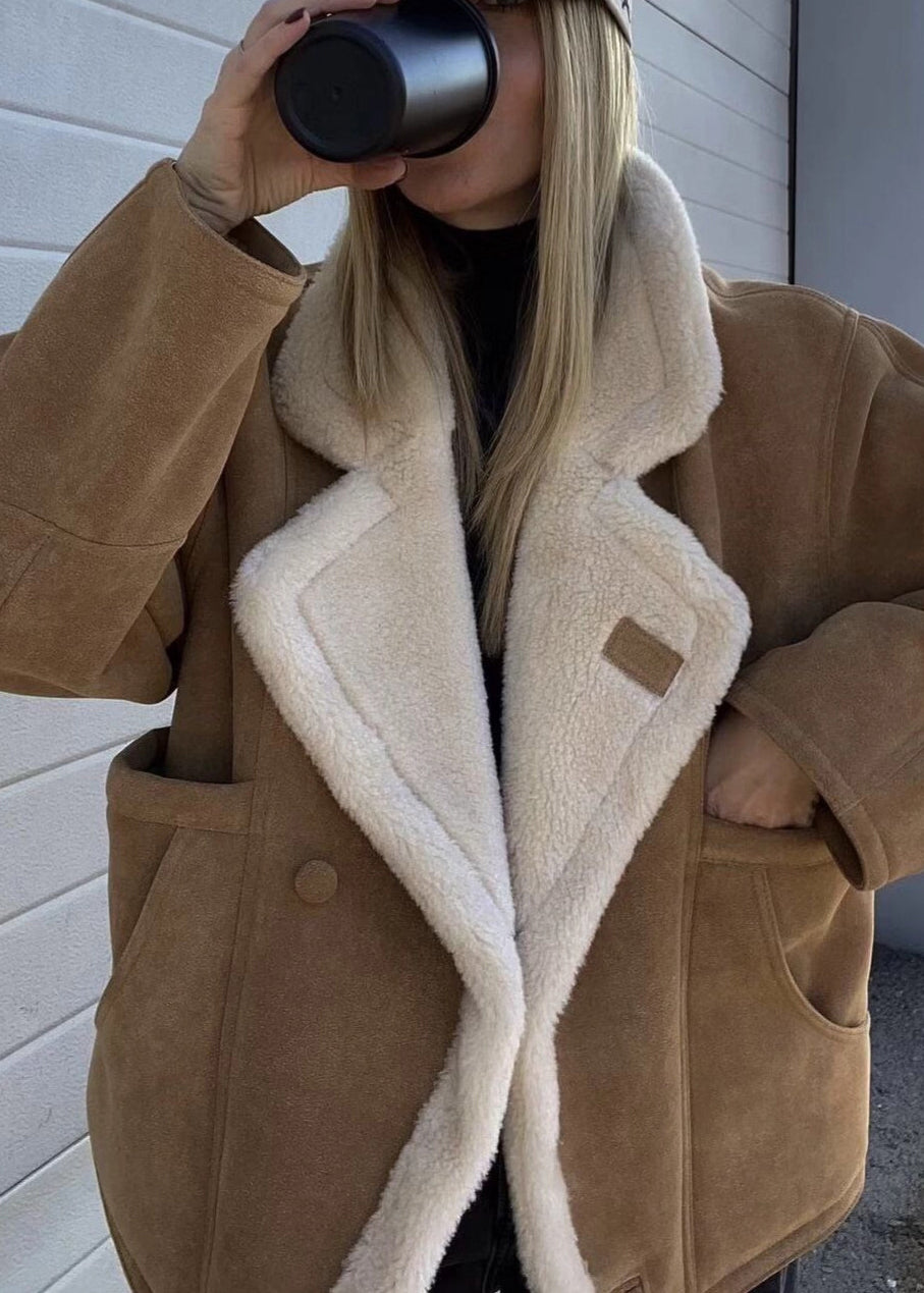 Khaki Peter Pan Collar Pockets Patchwork Fleece Wool Lined Coat Winter
