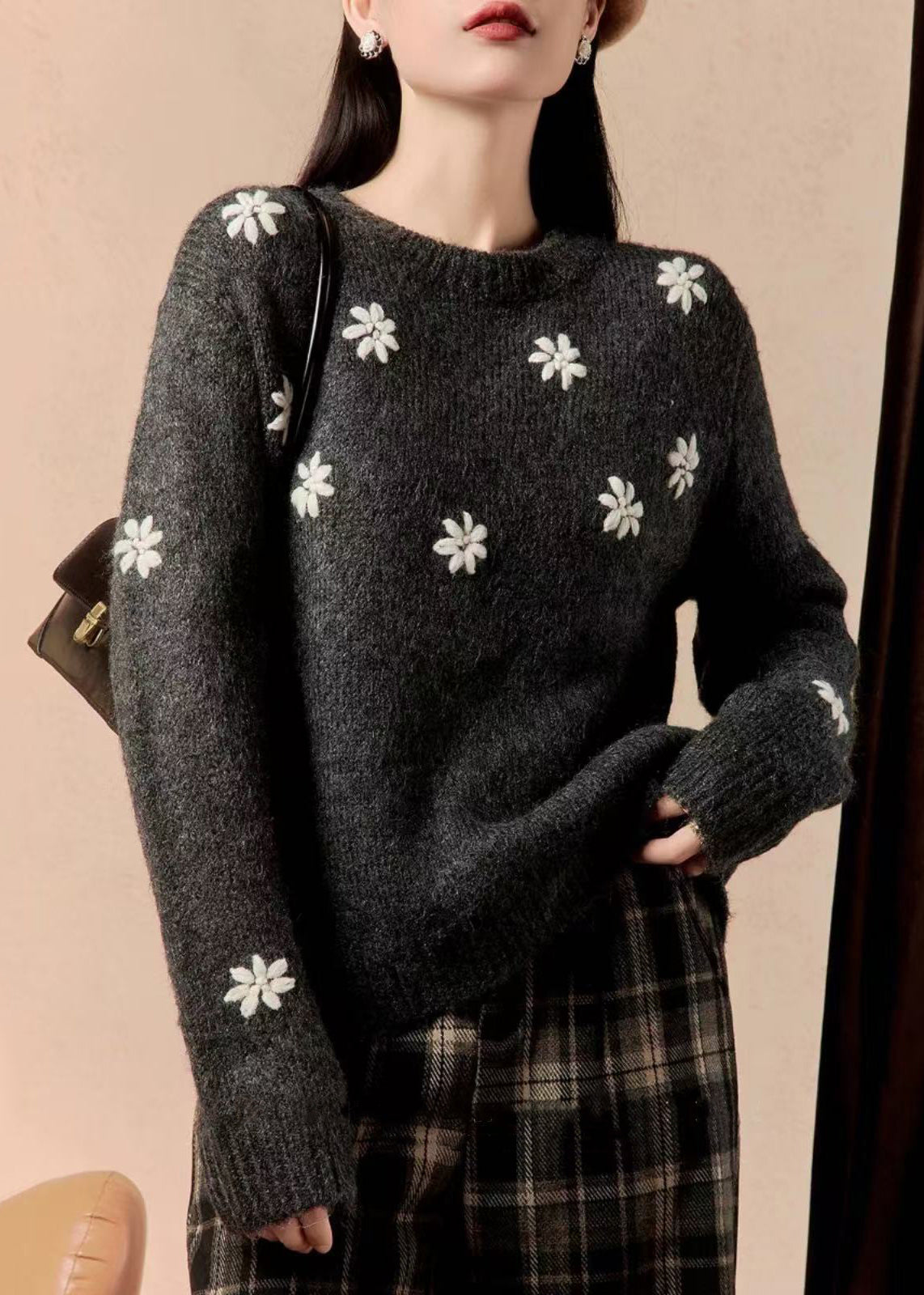 Grey O Neck Cozy Thick Cotton Knit Sweater Winter