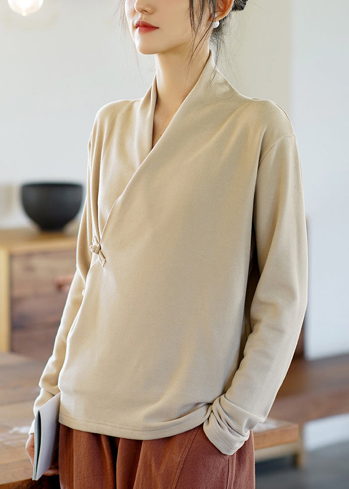Beige V Neck Oriental Button Cotton Shirt Tops Spring