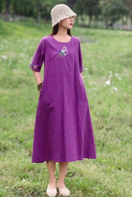 Summer Round Neck Cotton Linen Dress Print Short Sleeve Long Dress