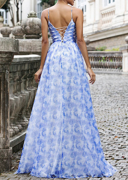 Blue Print Lace Up Chiffon Spaghetti Strap Dress Sleeveless