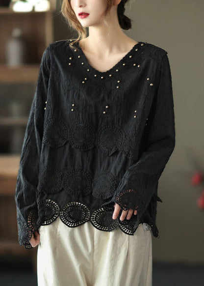 Classy Black V Neck Nail Bead Fall Tops Long Sleeve