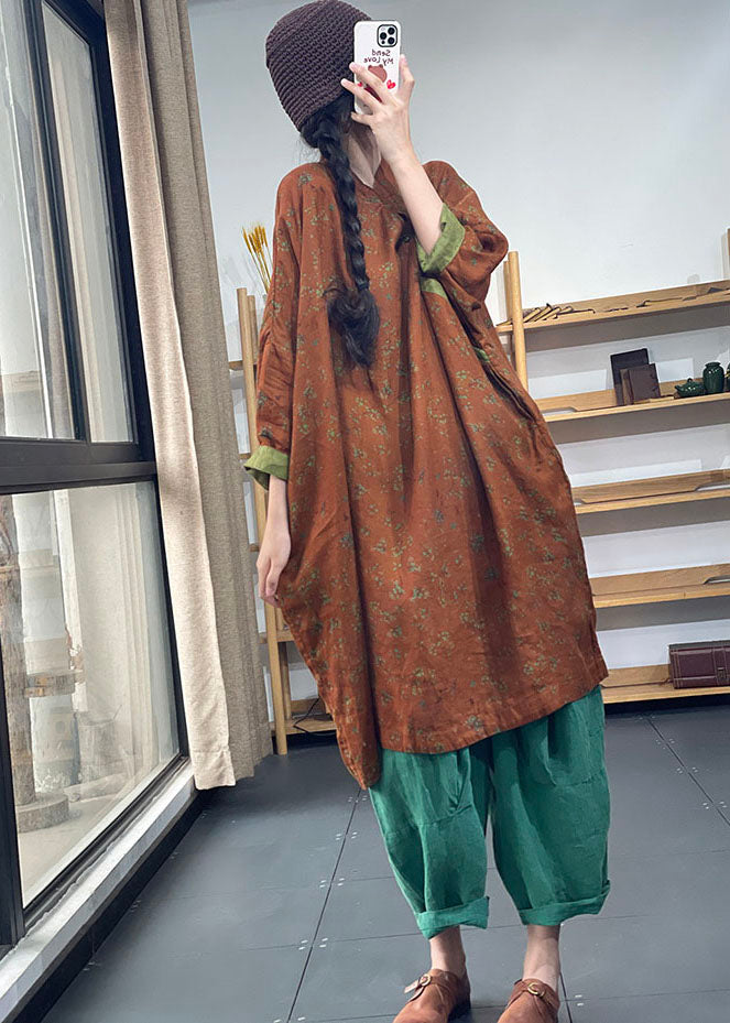 Green Oversized Print Cotton Dresses Batwing Sleeve