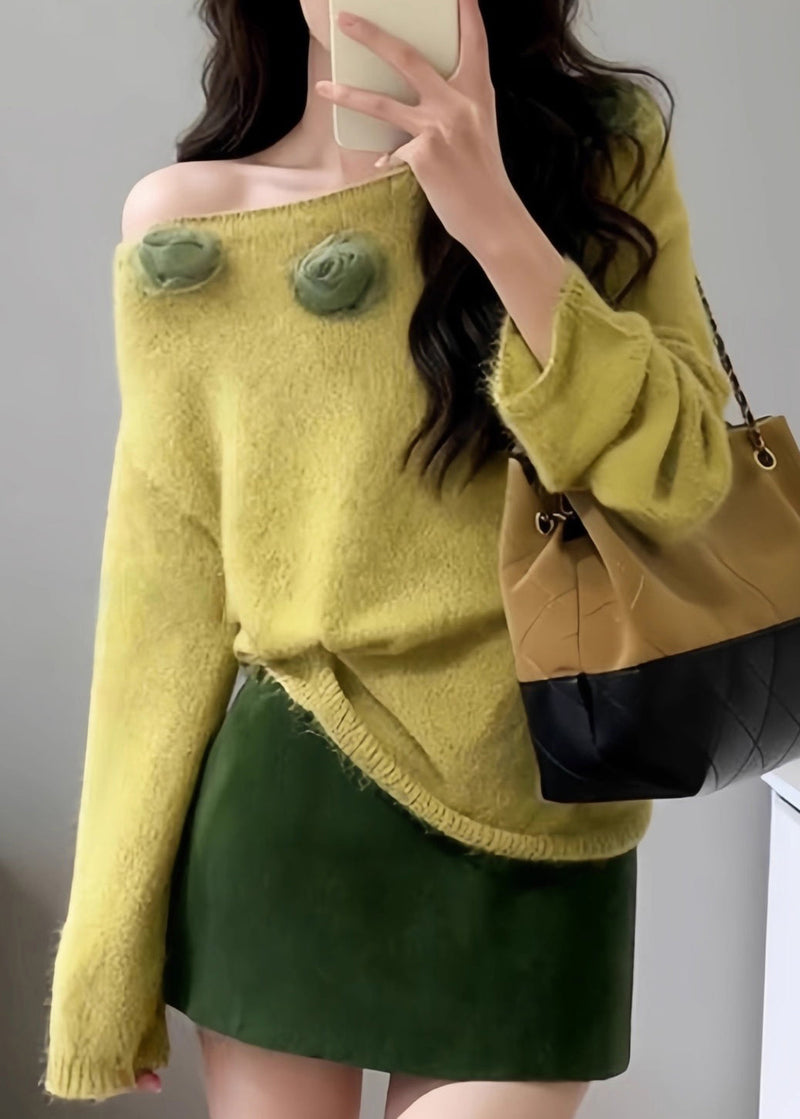 Fitted Yellow Slash Neck Decorated Knit Pullover Fall