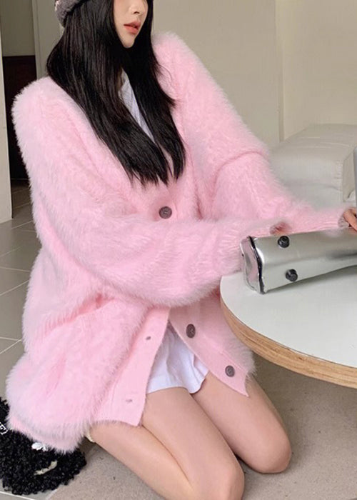 Loose Pink V Neck Button Knit Cardigan Fall