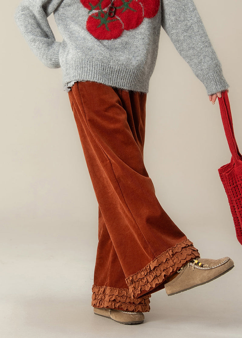 Brick Red Ruffled Oversized Corduroy Straight Pants Spring