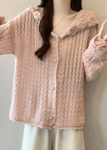 Pink Hollow Out Knitted Cardigan Fall
