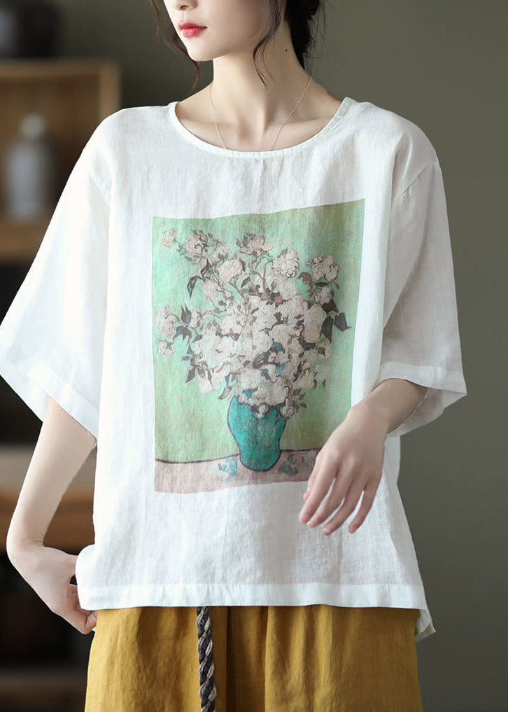 White O-neck Print Linen T Shirt Half Sleeve