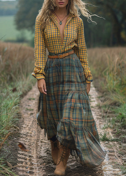 Boutique Colorblock V Neck Plaid Patchwork Cotton Long Dress Fall