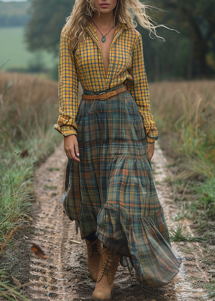 Boutique Colorblock V Neck Plaid Patchwork Cotton Long Dress Fall