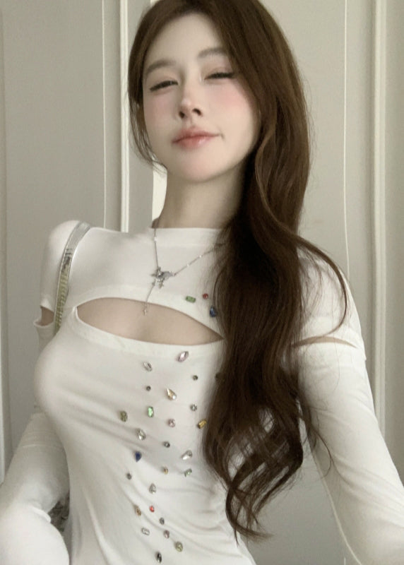 White O-neck Zircon Hollow Out Top Fall