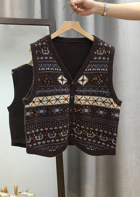 Apricot V Neck Button Knit Vest Tops Sleeveless