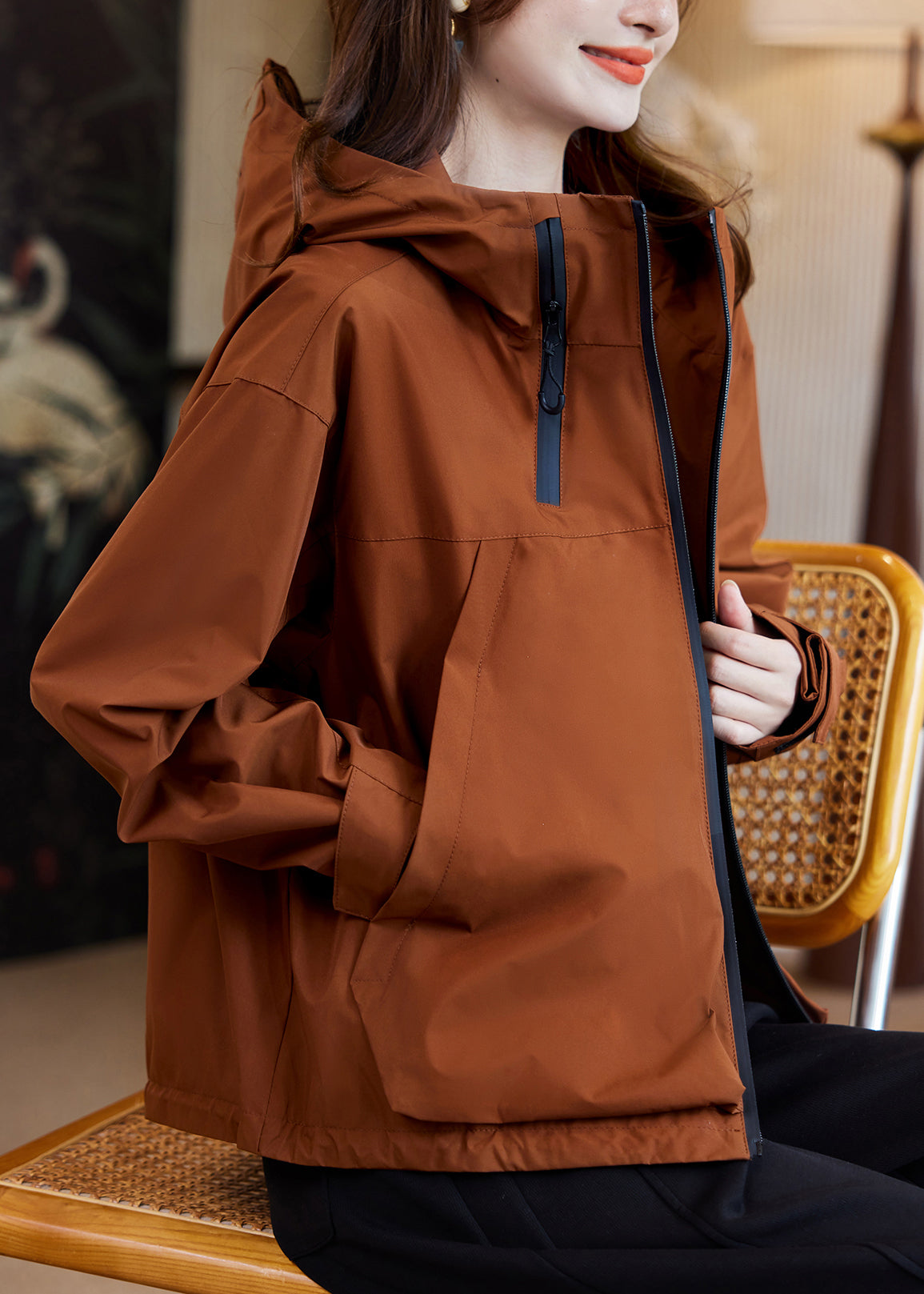 Caramel Zippered Patchwork Hooded Coats Fall
