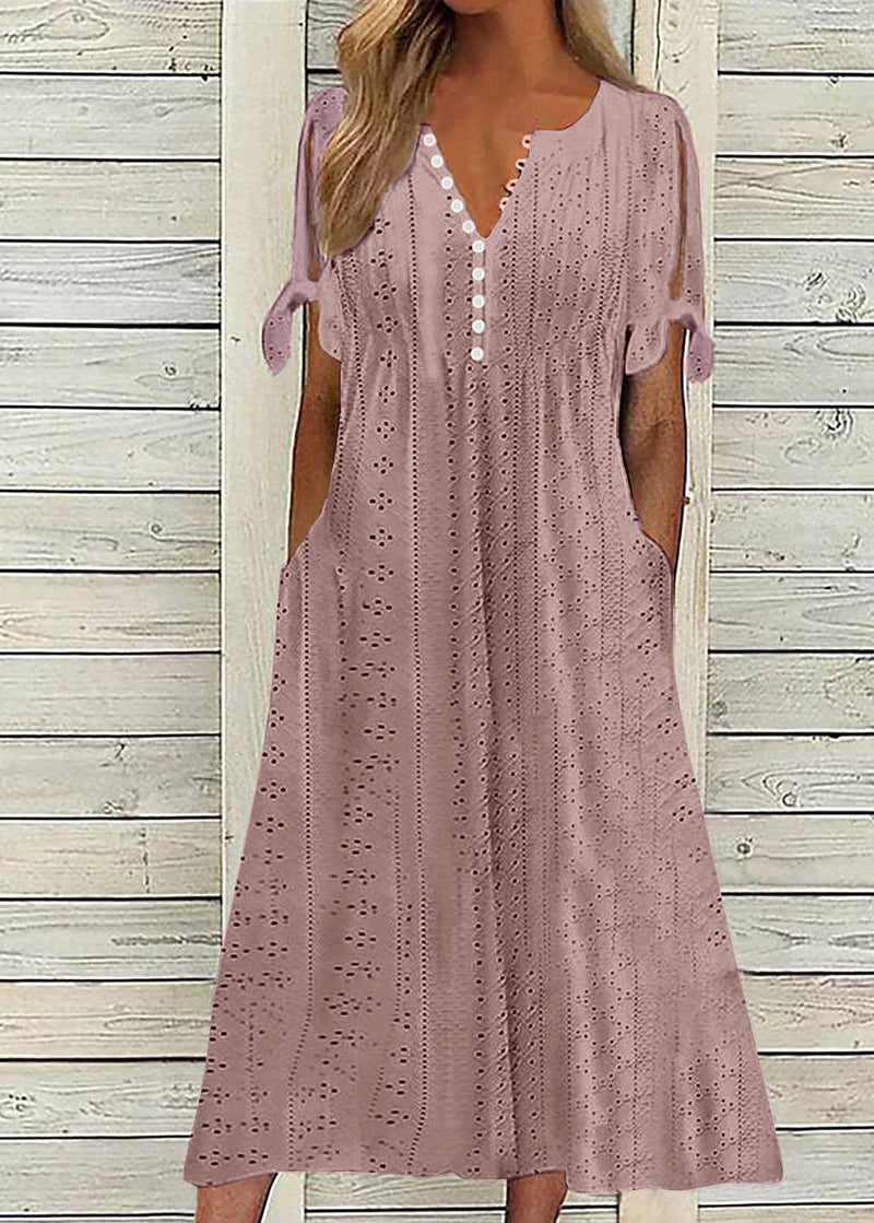 New White V Neck Hollow Out Loose Cotton Dress Summer