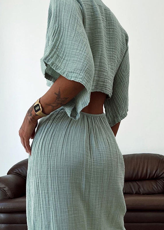 Blue V Neck Hollow Out Cotton Dresses Summer