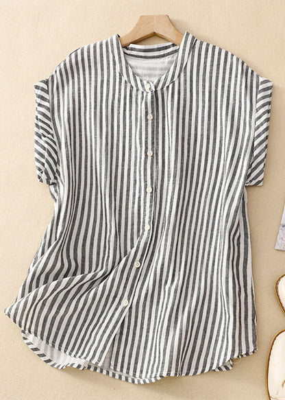 Stand Collar Plaid Button Cotton Shirts Summer