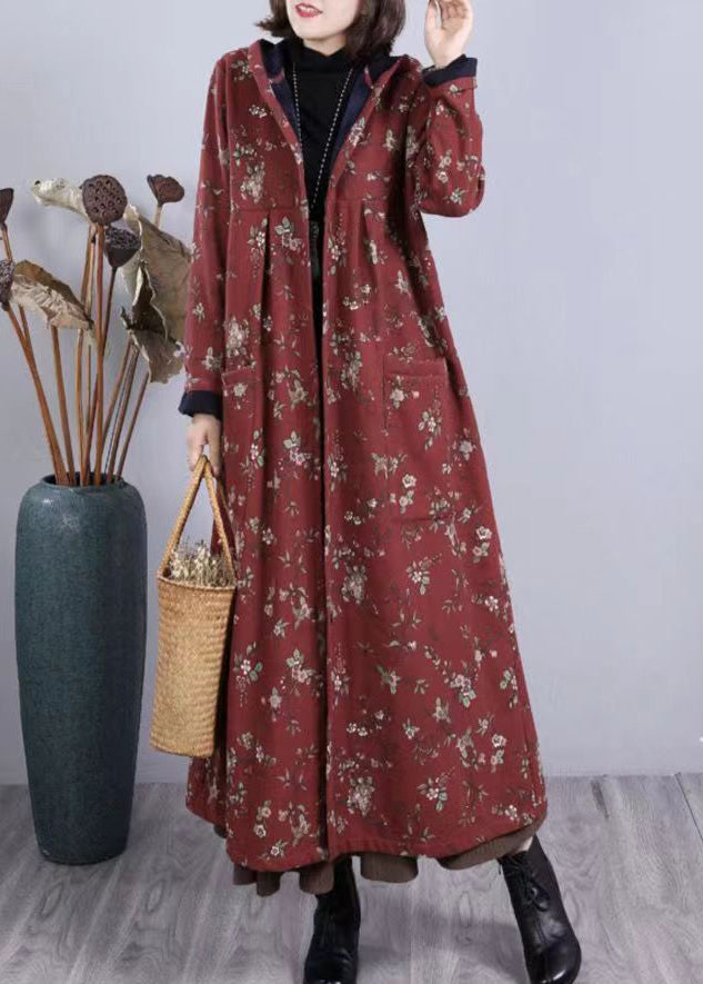 Red Print Pockets Patchwork Warm Fleece Hooded Coat Winter