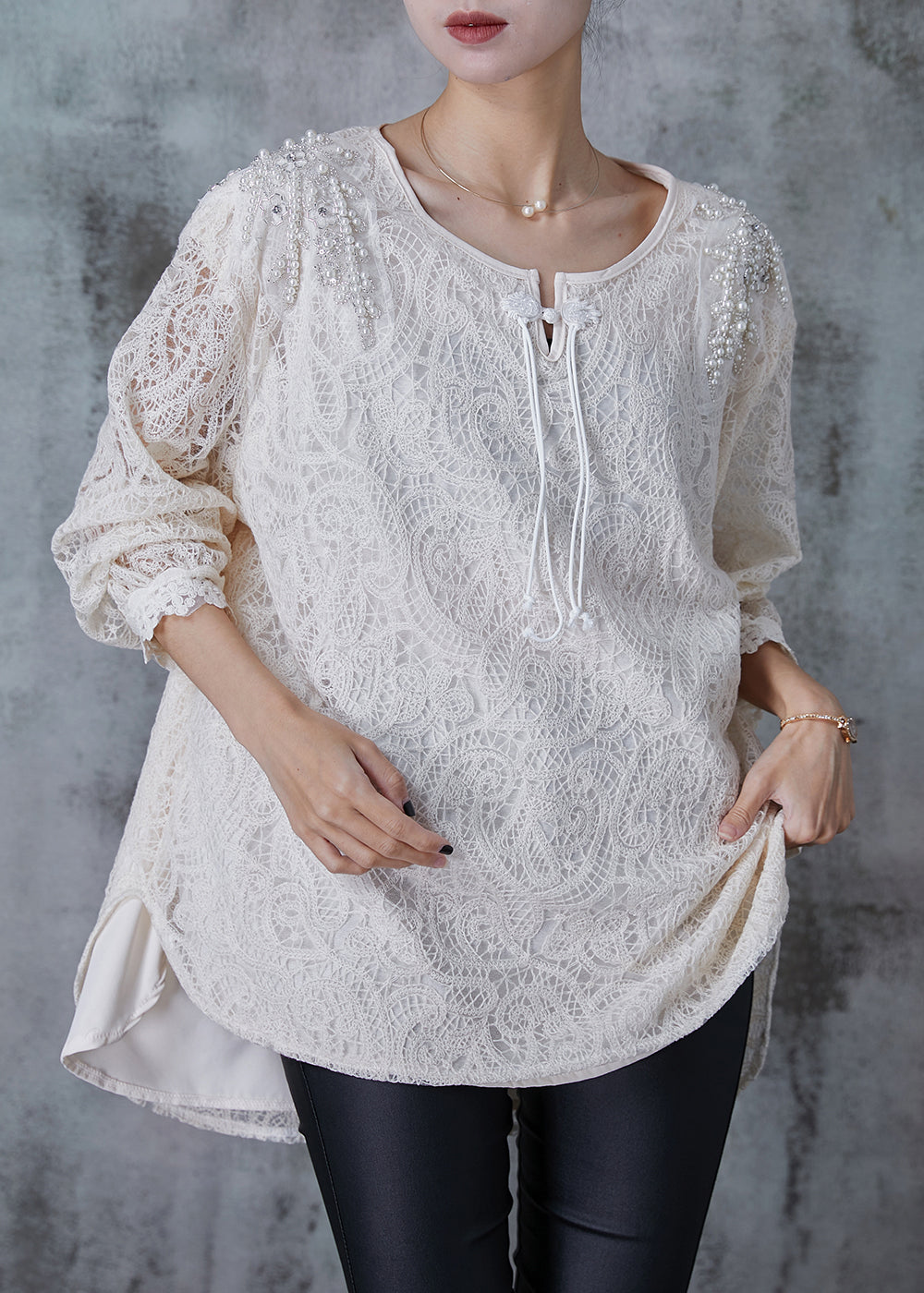White Nail Bead Chinese Button Lace Top Summer