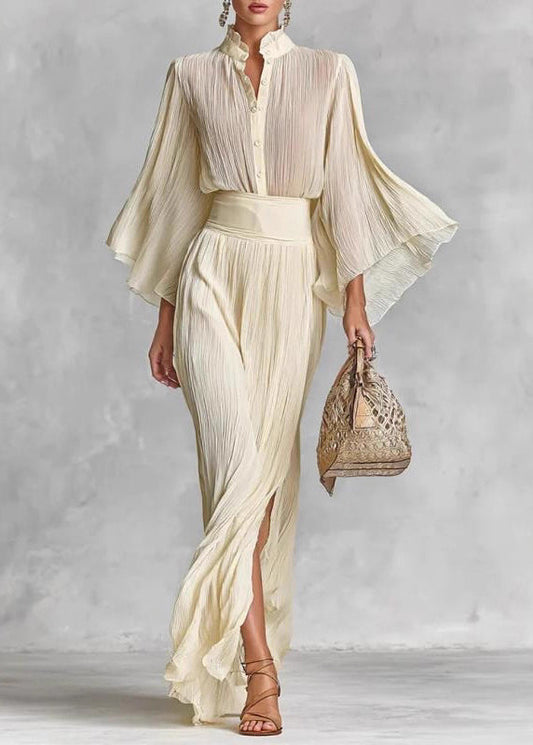 Stylish Beige Ruffled Side Open Shirts and Skirts Cotton Two Pieces Set Spring