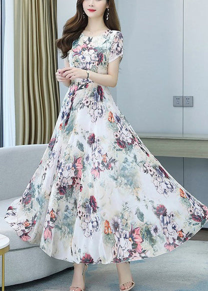 White Print Exra Large Hem Chiffon Vacation Dresses Summer