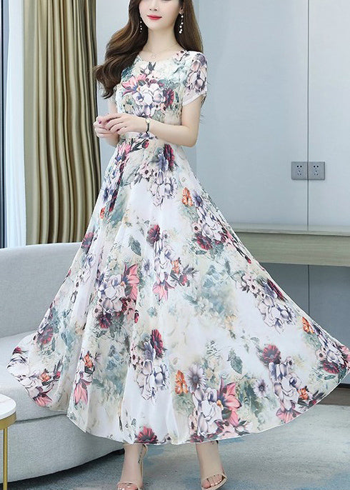 White Print Exra Large Hem Chiffon Vacation Dresses Summer