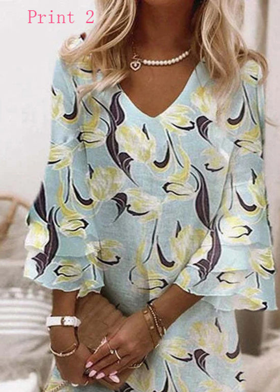 V Neck Print Cotton Mid Dresses Flare Sleeve