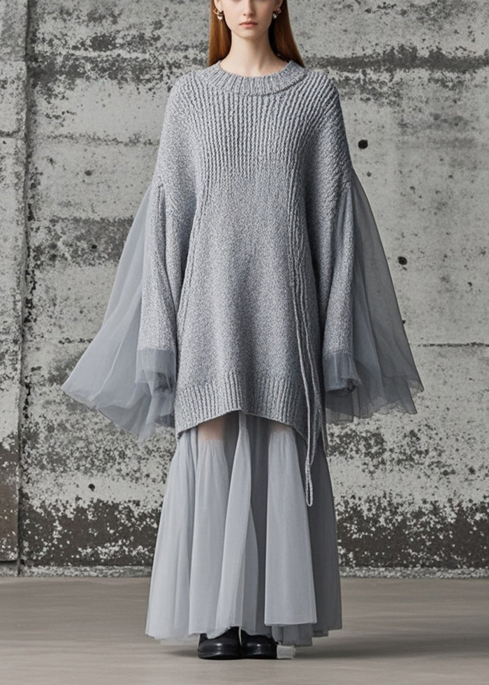 Grey Patchwork Tulle Knitted Dress Oversized Batwing Sleeve