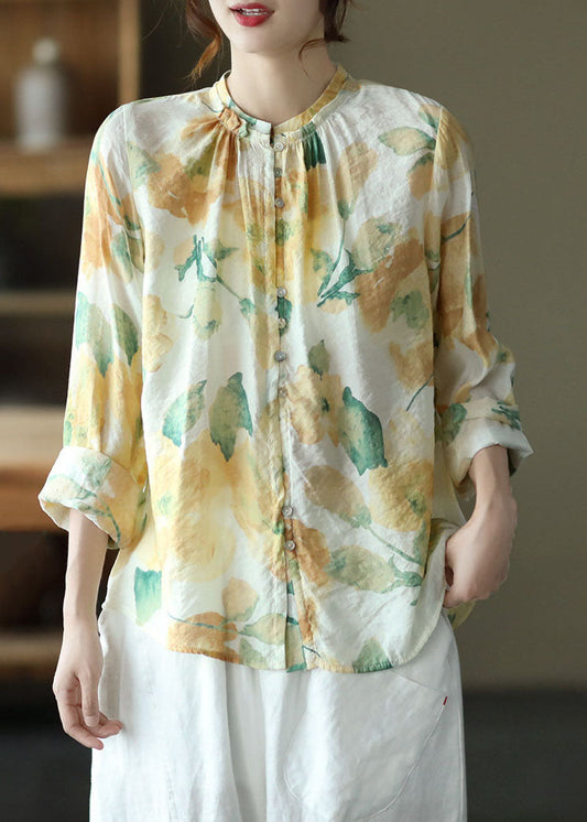 Green Print Wrinkled Button Patchwork Cotton Top Spring