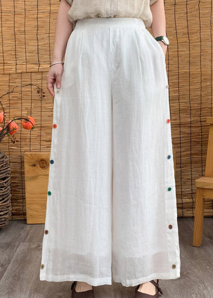White Elastic Waist Linen Wide Leg Pants Summer