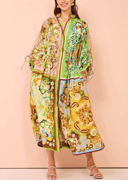 Green Lace Up Print Pockets Cotton Shirts Dress Spring