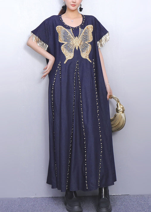 Navy Tasseled Butterfly Denim Vacation Dresses Summer