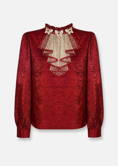 Red Ruffled Sequins Patchwork Silk Shirt Top Spring