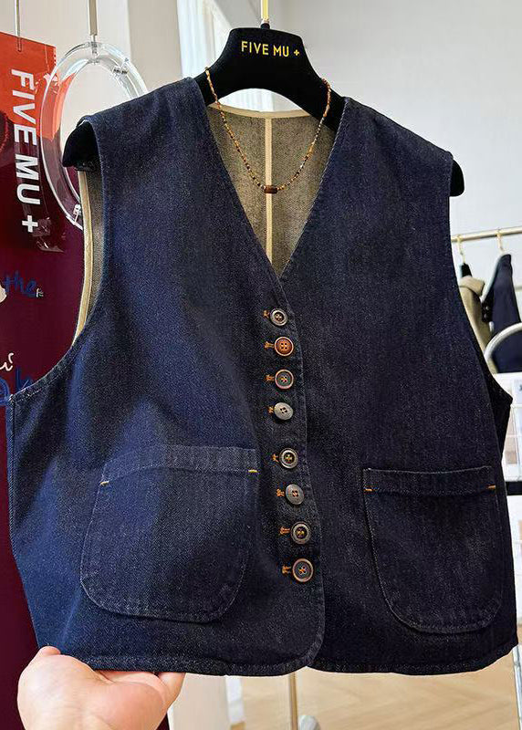 Navy Oversized Pockets Denim Vests Fall