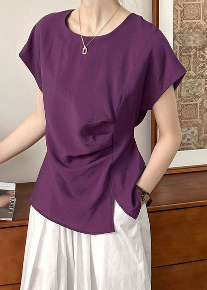 Simple Purple O Neck Front Open Cottontops Short Sleeve