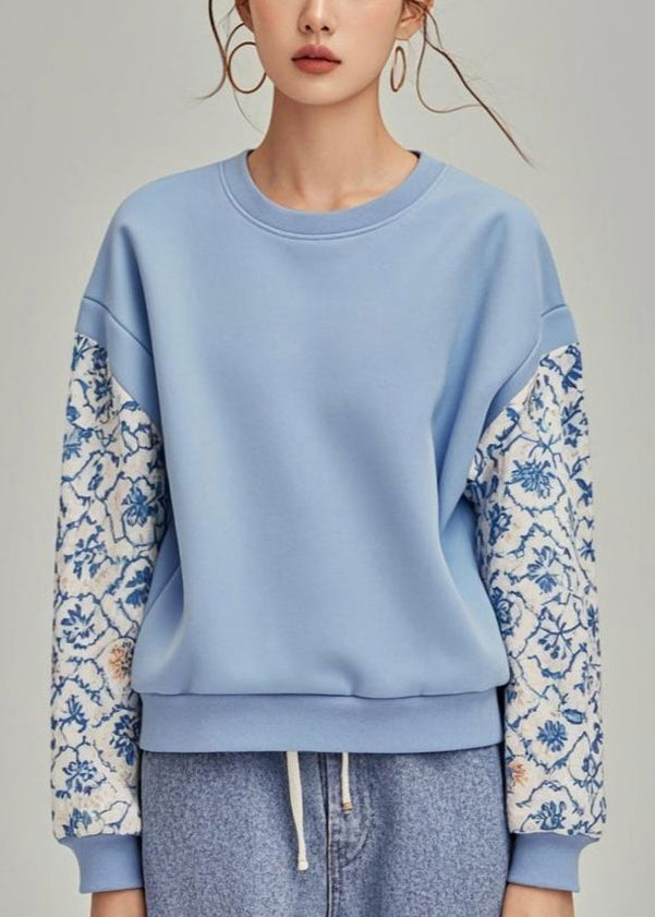 Blue O Neck Print Patchwork Cotton Pullover Sweatshirt Fall