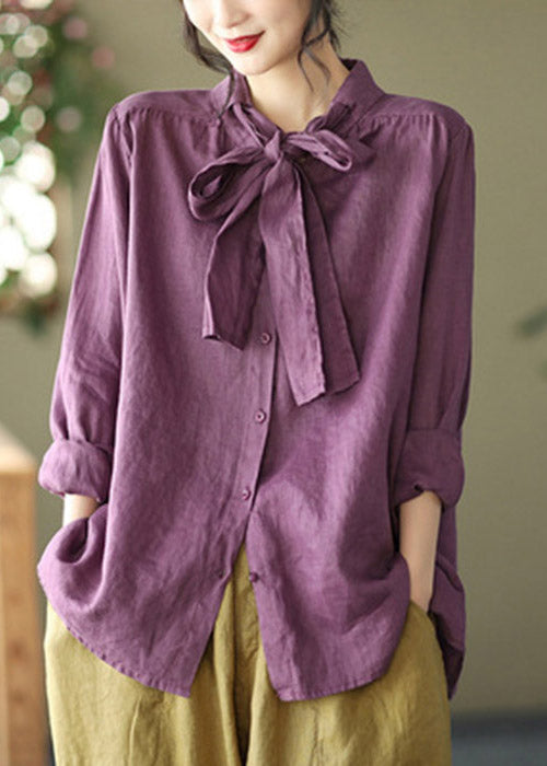 Purple Stand Collar Bow Button Linen Shirt Long Sleeve